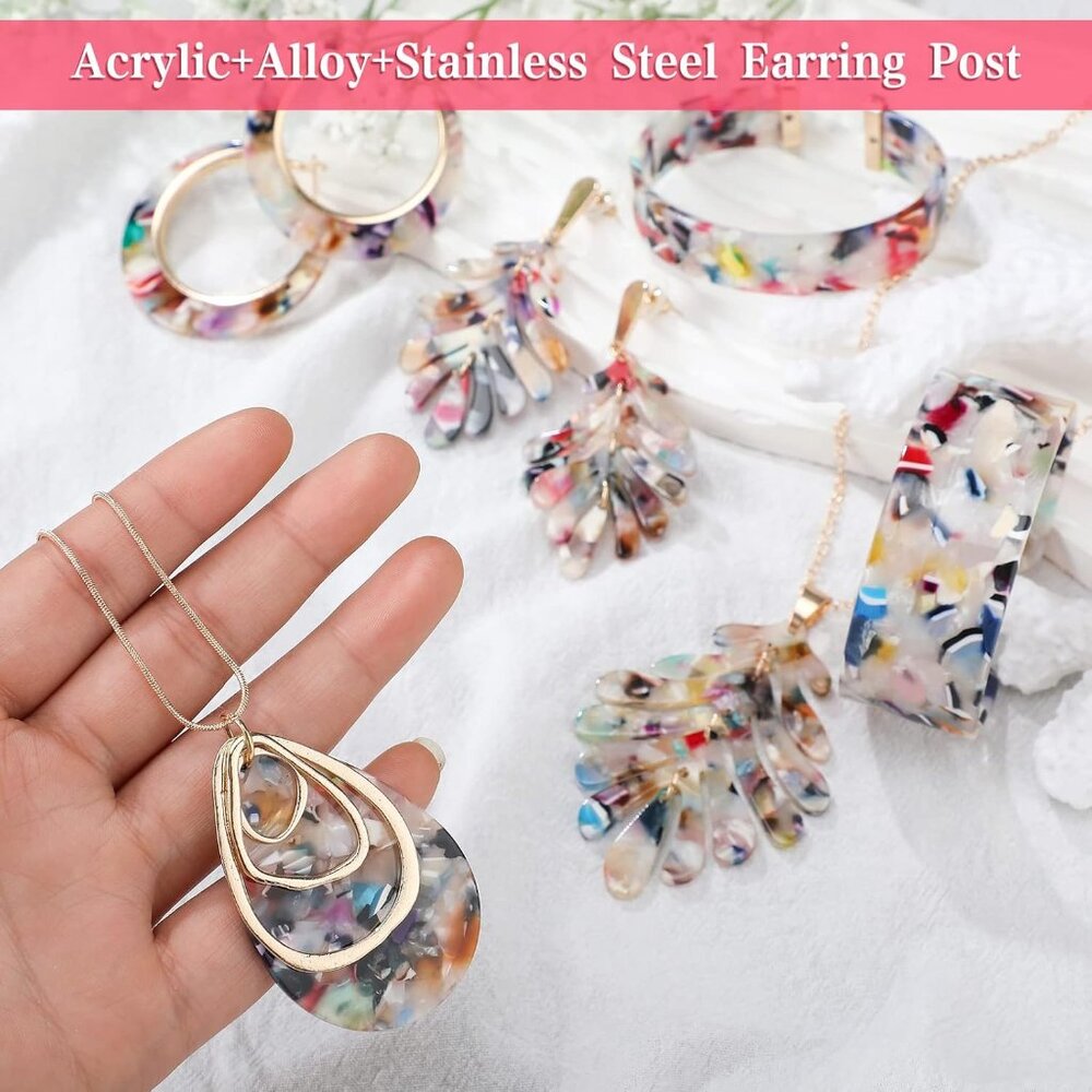 8 Pcs Acrylic Jewelry Set Women Statement Earrings Necklace Bracelet Marble Text - Picture 5 of 7